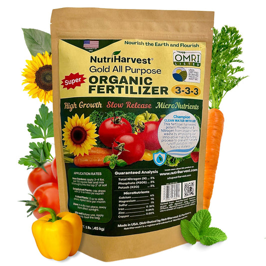 NutriHarvest® Gold Super Organic Fertilizer 3-3-3, OMRI Listed Plus USDA-Certified Biobased, in Resealable Bag