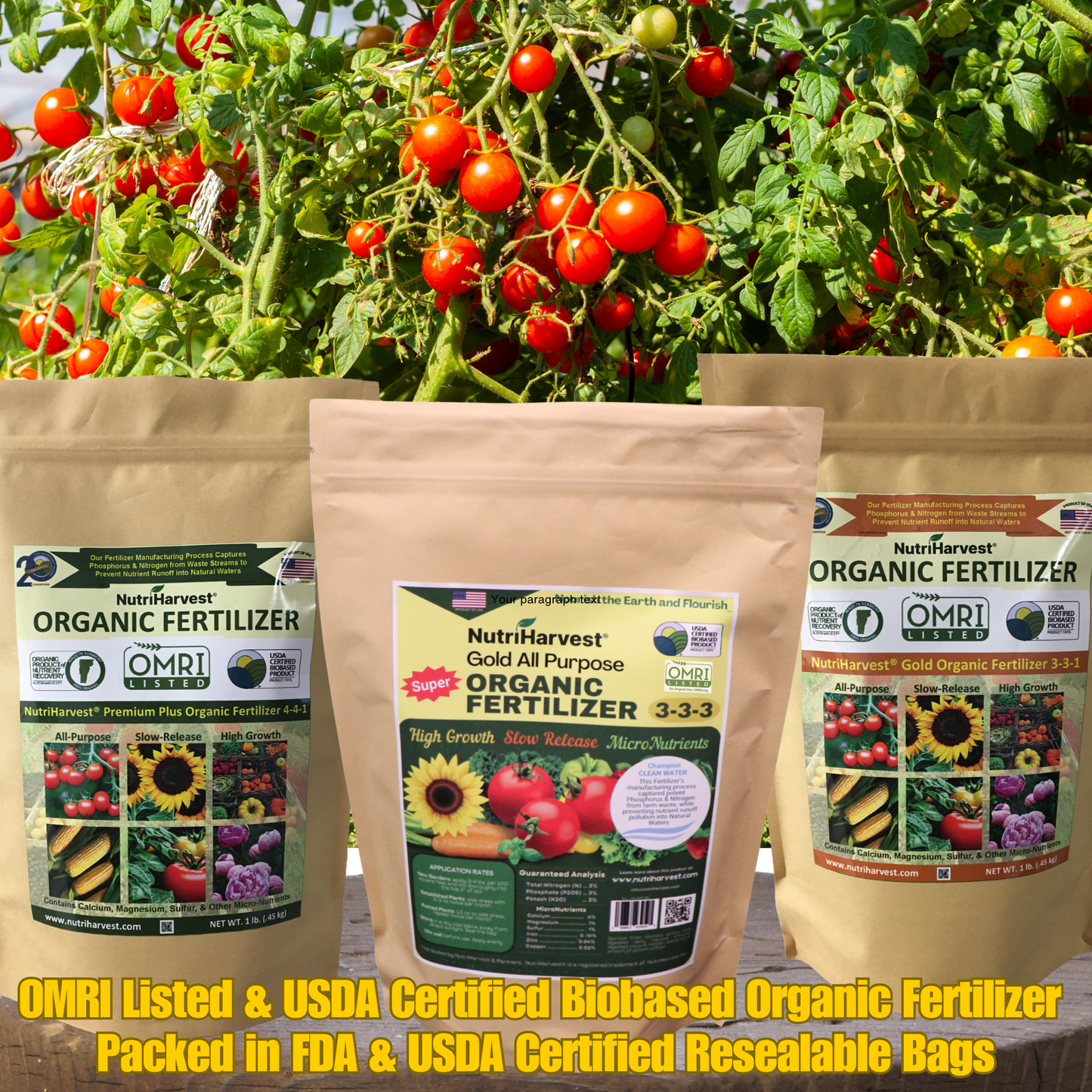 NutriHarvest® Gold Super Organic Fertilizer 3-3-3, OMRI Listed plus USDA-certified Biobased, in Resealable Bag